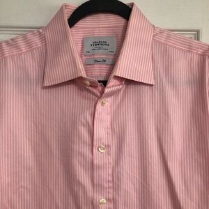 Charles Tyrwhitt Pink & White Striped button down Dress Shirt size 17 35 classic